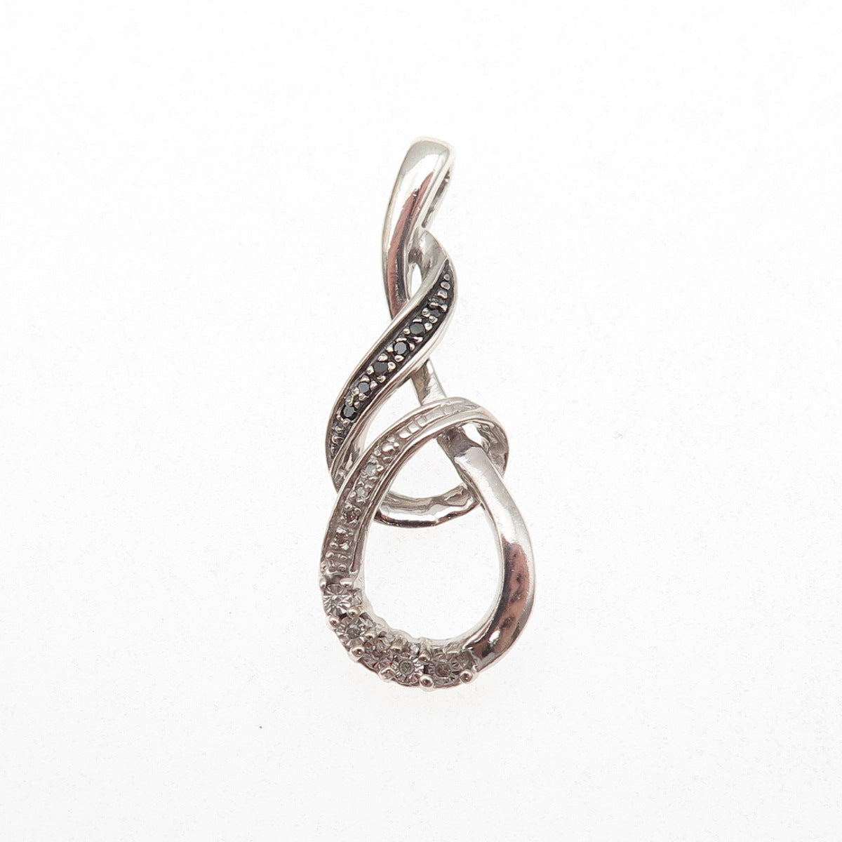 925 Sterling Silver Real Black & White Diamond Twisted Charm Pendant