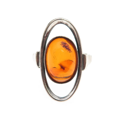 925 Sterling Silver Vintage MW Poland Real Amber Modernist Ring Size 7.25