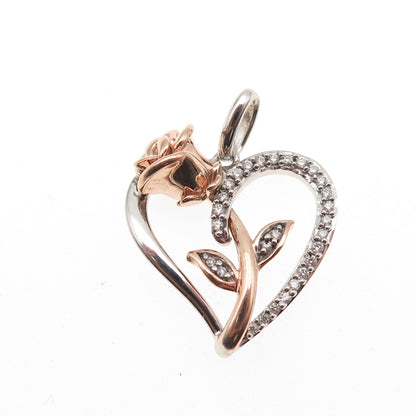 DISNEY 925 Sterling 10K Gold Real Diamond Belle Rose & Heart Mini Charm Pendant
