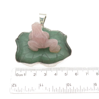OBSIDIAN 925 Sterling Vintage Real Rose Quartz & Jade Frog Large 59.8g Pendant