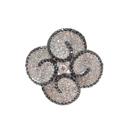 925 Sterling Silver Round-Cut Black & White C Z Flower Blossom Ring Size 8.25