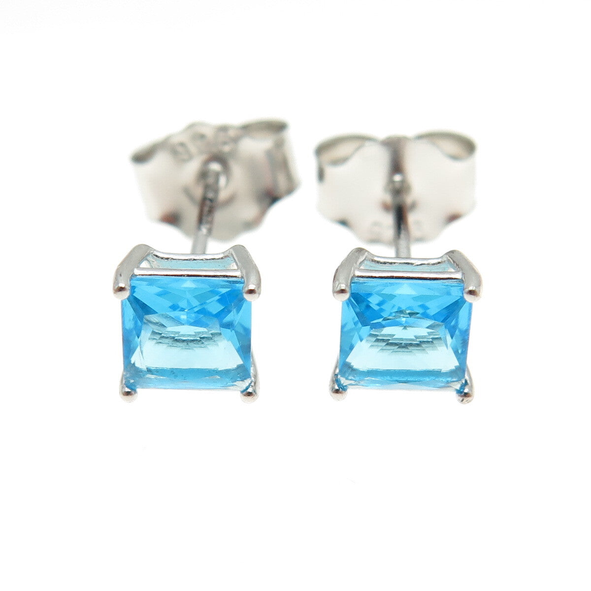 925 Sterling Silver Princess-Cut Shaped Swiss Blue C Z Stud Earrings