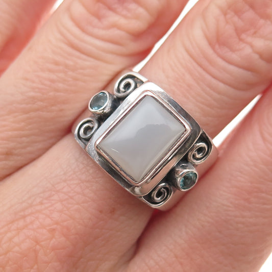 Sajen Sterling Silver Vintage Real Chalcedony & Aquamarine Oxidized Ring Size 8