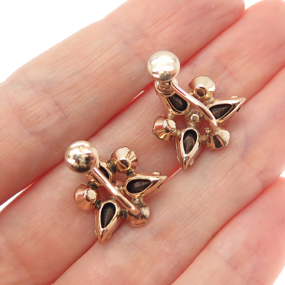 PHYLLIS 1/20 12K Rose Gold Filled Antique Rhinestone Flower Screw Back Earrings