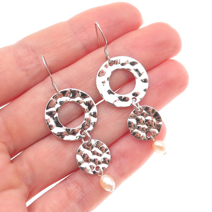 925 Sterling Silver Vintage Real Pearl Modernist Hammered Dangle Earrings