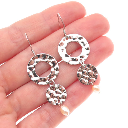 925 Sterling Silver Vintage Real Pearl Modernist Hammered Dangle Earrings
