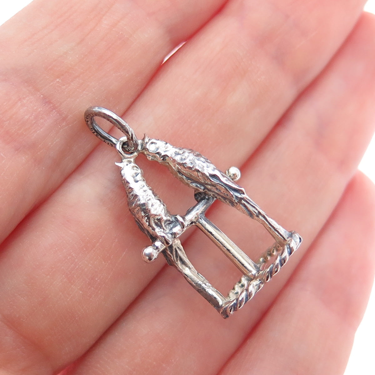 CELLINI 925 Sterling Silver Vintage Parrot Bird Couple Oxidized Charm Pendant