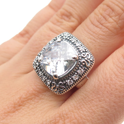 925 Sterling Vintage Cushion & Round-Cut C Z Swirl Oxidized Ring Size 8.25