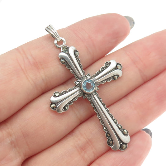 925 Sterling Vintage Aquamarine & Marcasite Cross Pendant (missing two stones)