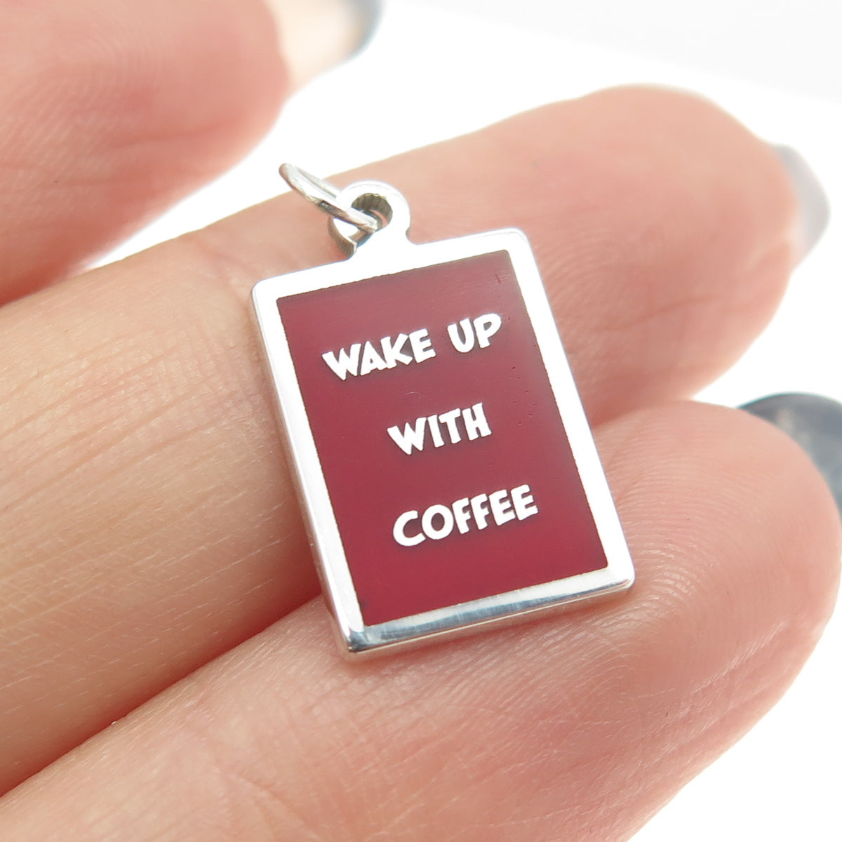 925 Sterling Silver Red Enamel "Wake Up With Coffee" Minimalist Charm Pendant