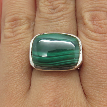 925 Sterling Silver Vintage Real Cabochon Malachite Ring Size 7.75