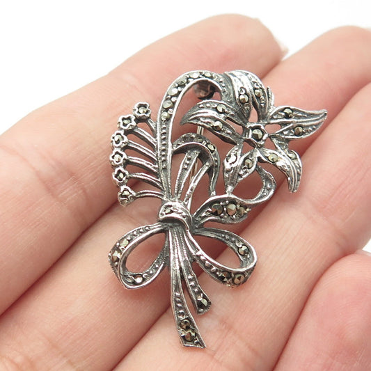 925 Sterling Silver Vintage Real Marcasite Gemstone Floral Pin Brooch