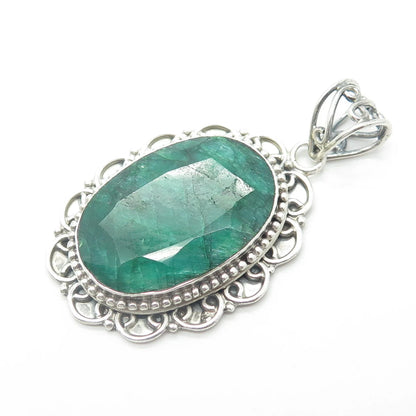 925 Sterling Silver Vintage Real Oval-Cut Green Zoisite Gem Swirl Oval Pendant