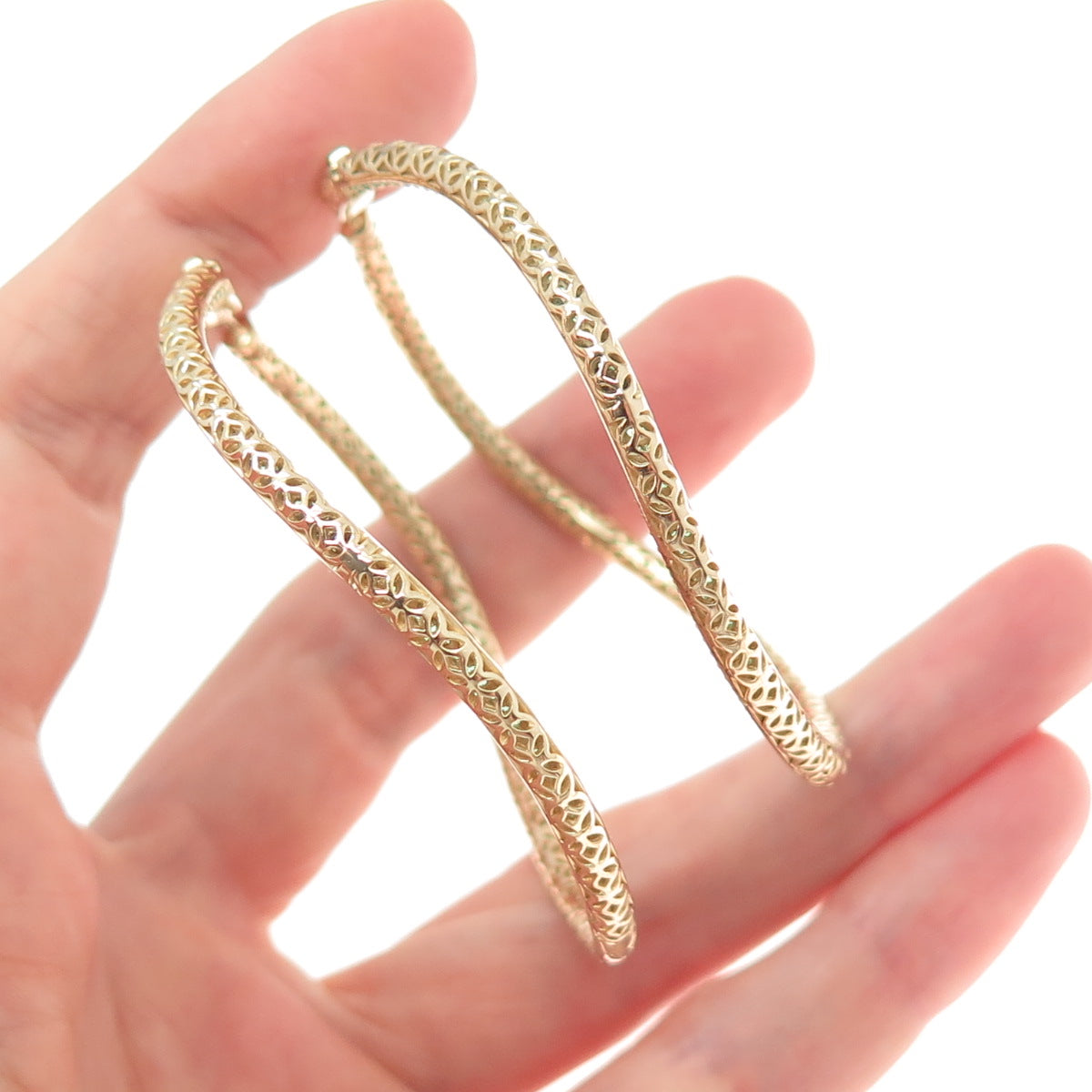 KLEO 925 Sterling Silver Gold Plated Green C Z In & Out Wavy Large Hoop Earrings