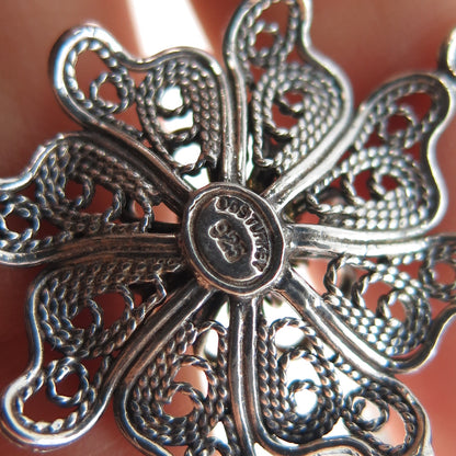 925 Sterling Silver Vintage Modernist Flower Filigree Oxidized Jacket Earrings