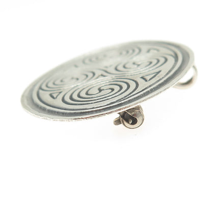 925 Sterling Silver Vintage Mexico Spiral Ethnic Oval Pin Brooch / Pendant