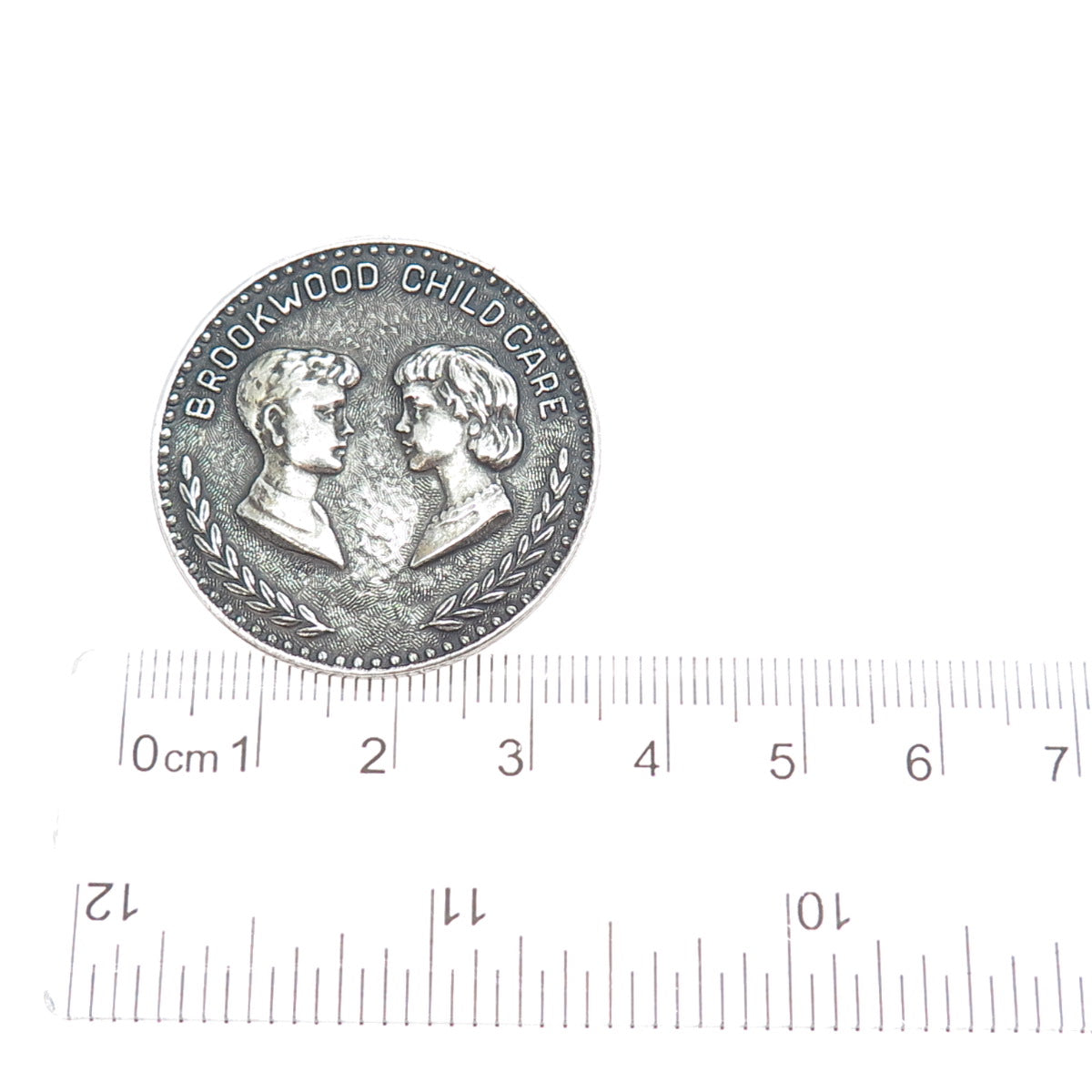925 Sterling Silver Antique Brookwood Child Care Oxidized Medal Pin Brooch