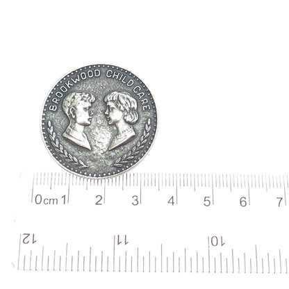 925 Sterling Silver Antique Brookwood Child Care Oxidized Medal Pin Brooch