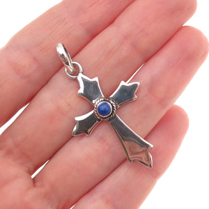 925 Sterling Silver Vintage Real Lapis Cross Charm Pendant
