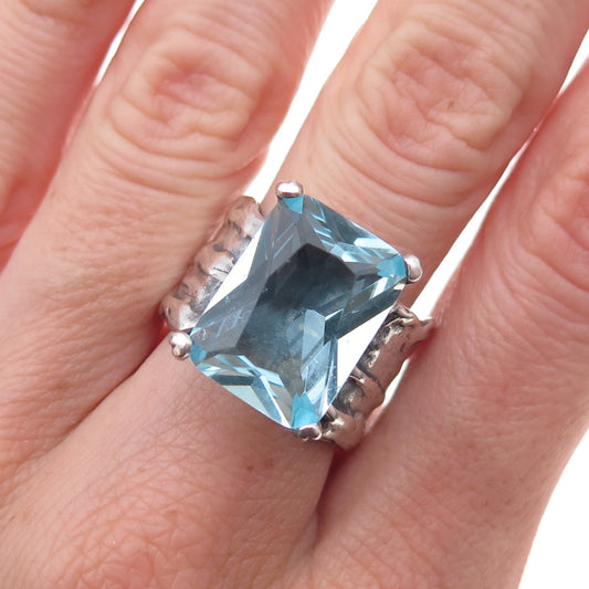 925 Sterling Silver Vintage Blue C Z Modernist Oxidized Ring Size 8.25