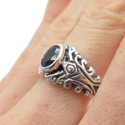 925 Sterling Silver Vintage Real Red Garnet Ornate Oxidized Ring Size 6.75