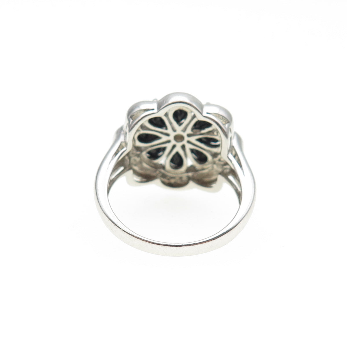 925 Sterling Silver Real Diamond & Black Spinel Flower Ring Size 6.25
