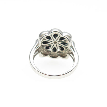 925 Sterling Silver Real Diamond & Black Spinel Flower Ring Size 6.25