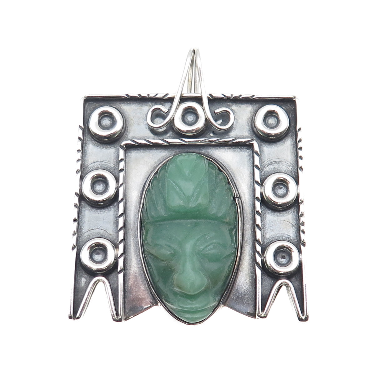 925 Sterling Silver Vintage Mexico Real Jade Aztec God Oxidized Pendant