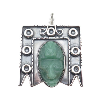 925 Sterling Silver Vintage Mexico Real Jade Aztec God Oxidized Pendant
