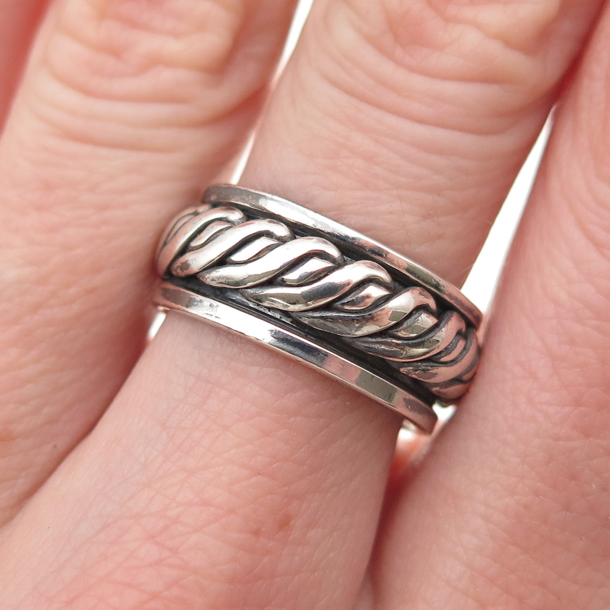 925 Sterling Silver Vintage Roped Oxidized Rotating Band Ring Size 7