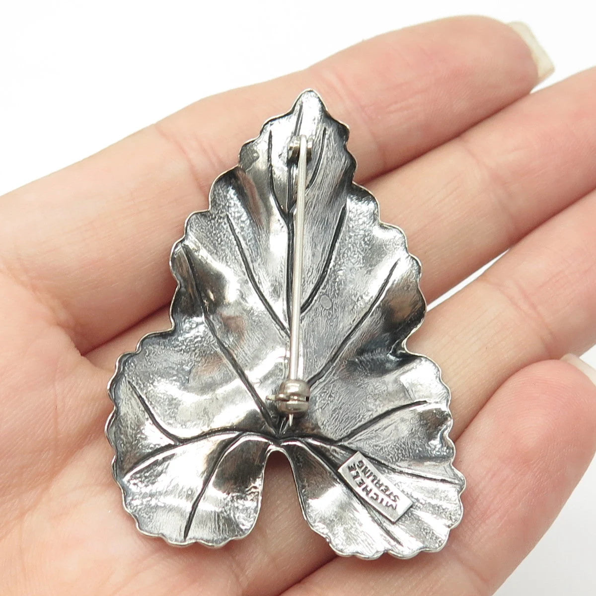 925 Sterling Silver Vintage Michele Sculptural Hammered Leaf Pin Brooch