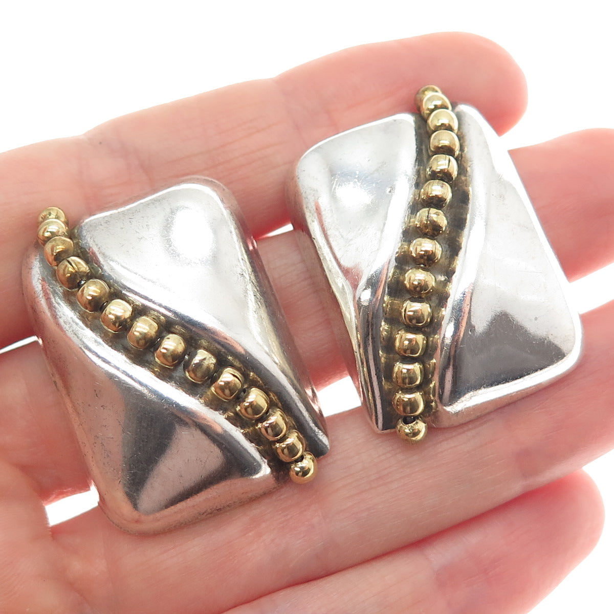 ORQUIDIA 950 Silver 2-Tone Vintage Mexico Modernist Beaded Clip On Earrings