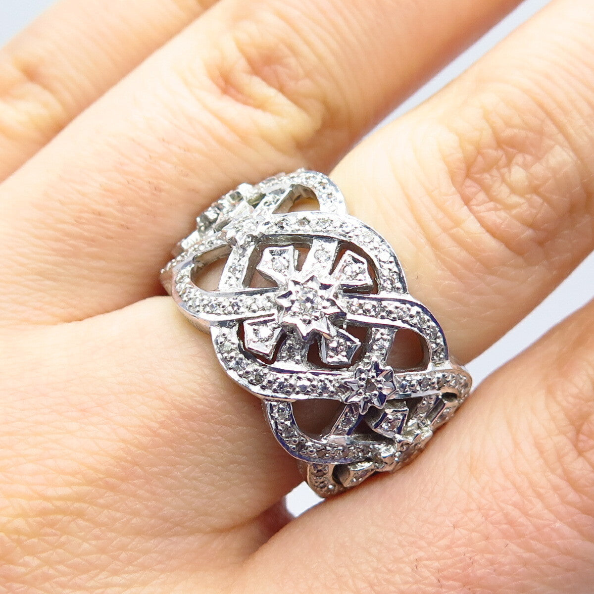 925 Sterling Silver Pave C Z Ornate Wide Band Ring Size 7.25