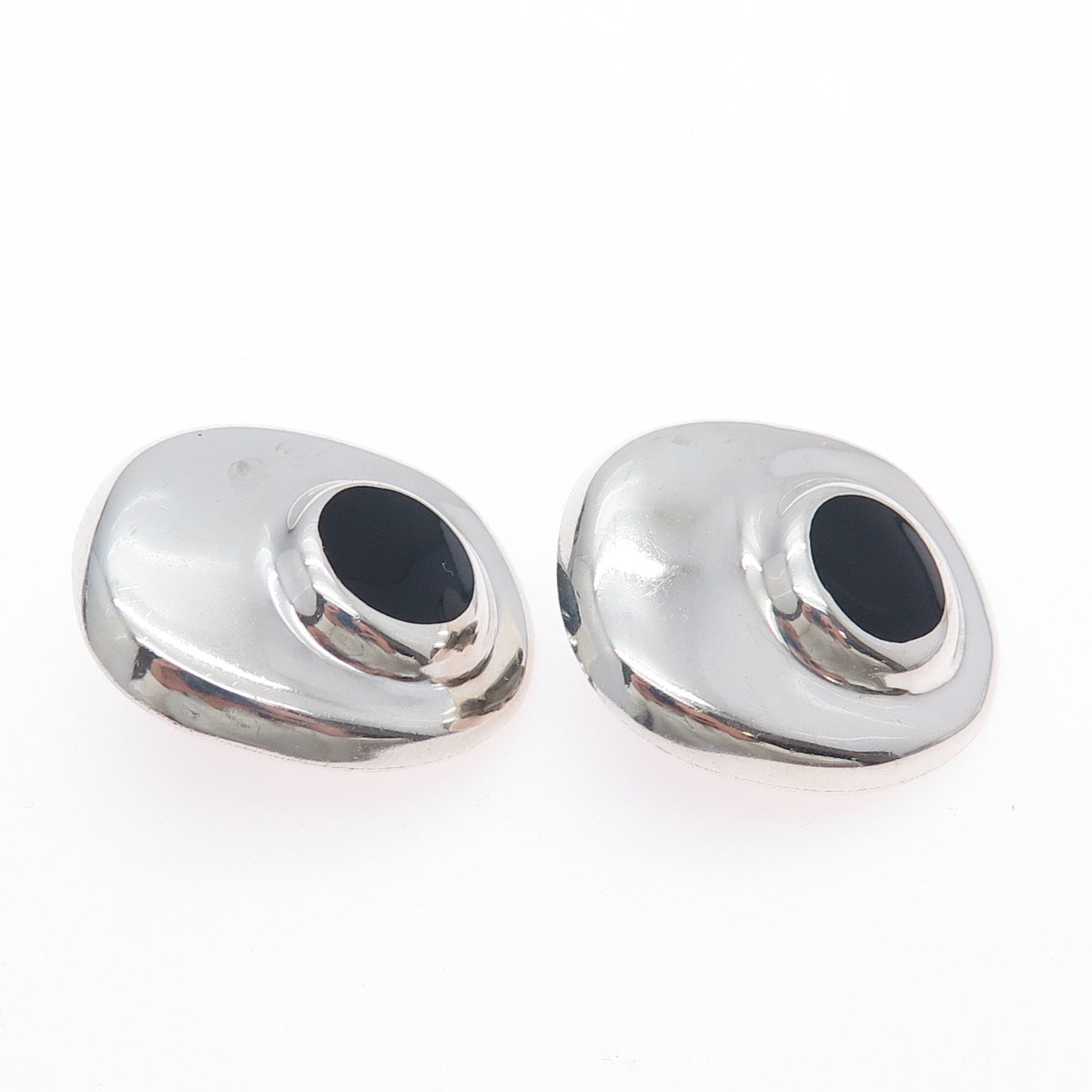 925 Sterling Silver Vintage Mexico Real Black Onyx Modernist Clip On Earrings