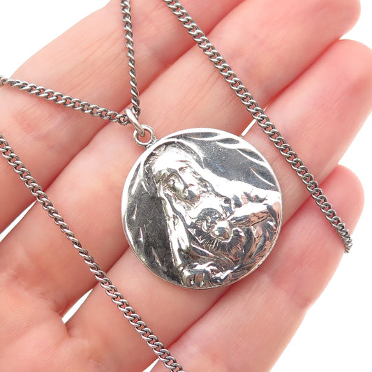 925 Sterling Silver Antique Art Deco Jesus Sacred Heart Cuban Chain Necklace 18"