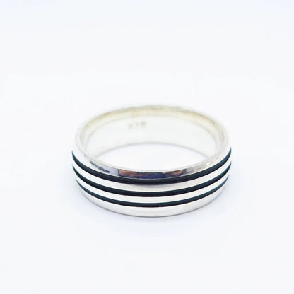 925 Sterling Silver Vintage Enamel Striped Band Ring Size 9.75