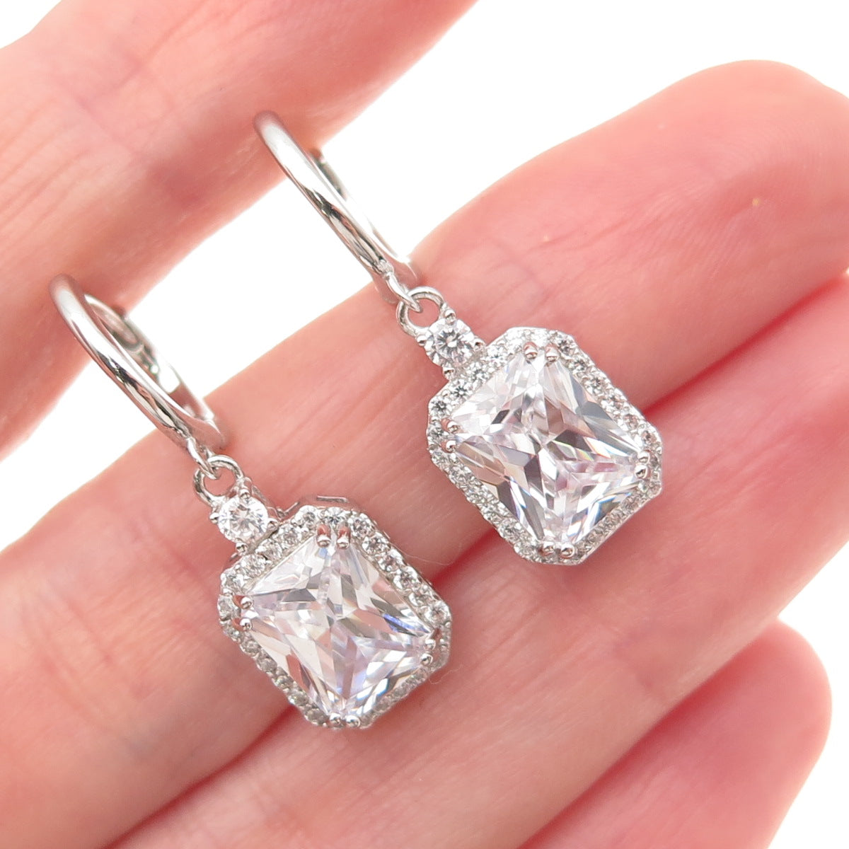 925 Sterling Silver Radiant & Round-Cut C Z Dangle Earrings