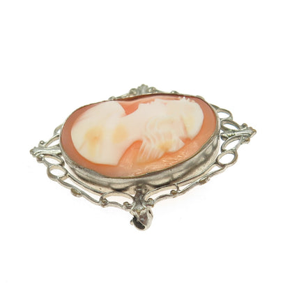 Antique Silver-Tone Cameo Victorian Lady Pin Brooch