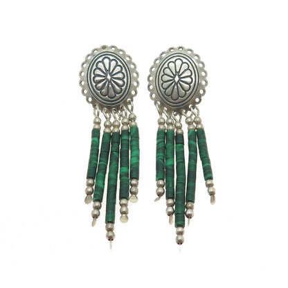 925 Sterling Silver Vintage Real Malachite Gemstone Tribal Dangling Earrings