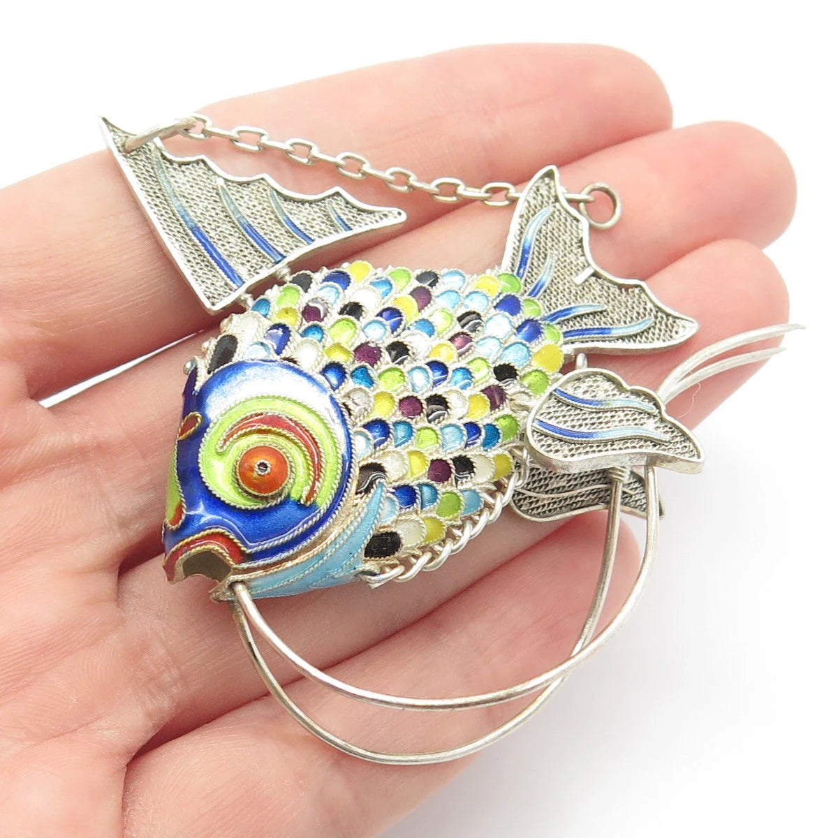 925 Sterling Silver Antique Enamel Chinese Koi Fish Articulated Chatelaine Fob