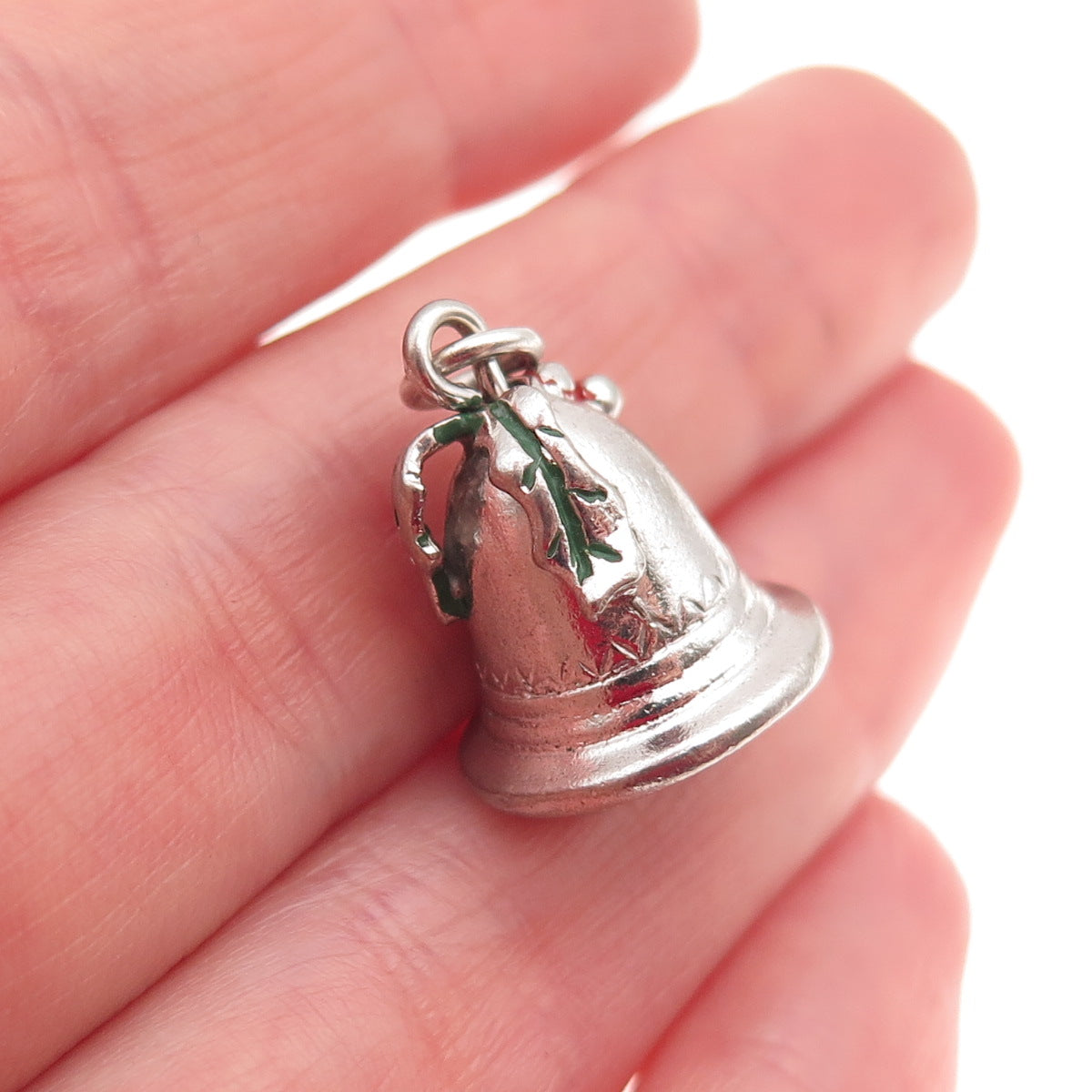 925 Sterling Silver Vintage Enamel Christmas Bell 3D Mini Charm Pendant