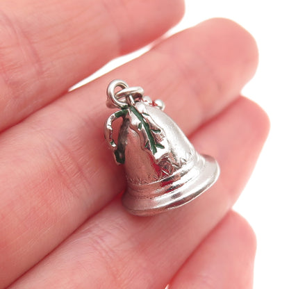 925 Sterling Silver Vintage Enamel Christmas Bell 3D Mini Charm Pendant