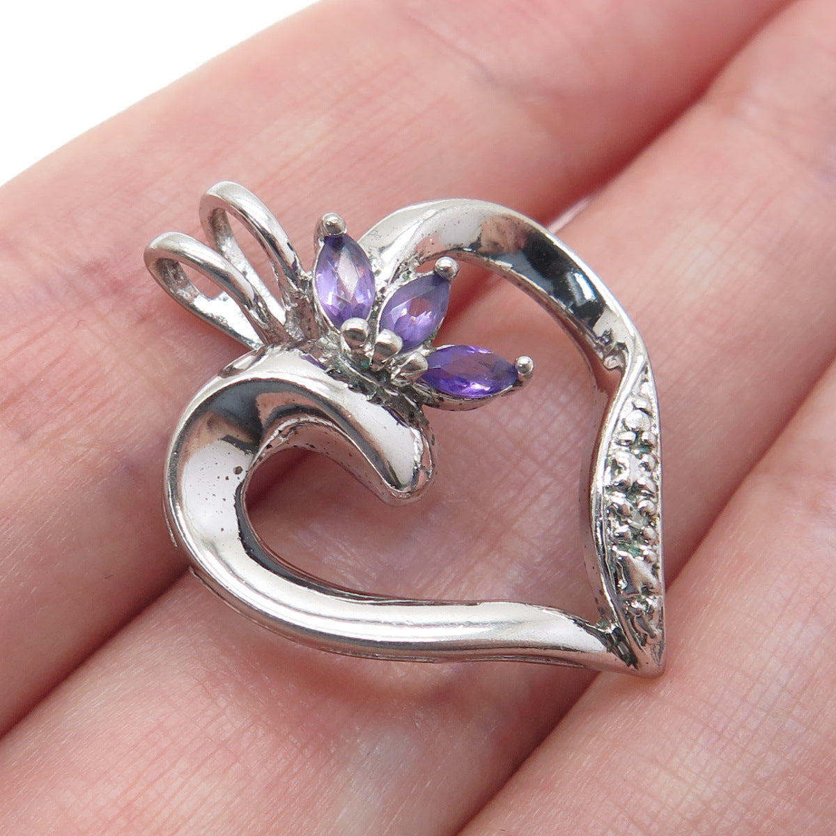 ROSS SIMONS 925 Sterling Silver Real Diamond Accent & Amethyst Heart Pendant