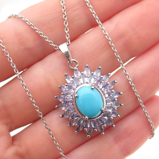 D'Joy 925 Sterling Silver Real Turquoise & Tanzanite Cable Chain Necklace 20"