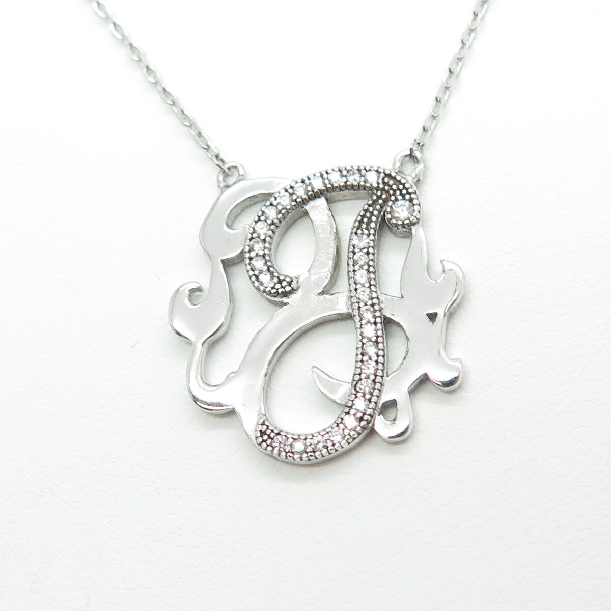 925 Sterling Silver Round-Cut C Z Letter "J" Ornate Cable Chain Necklace 16-18"