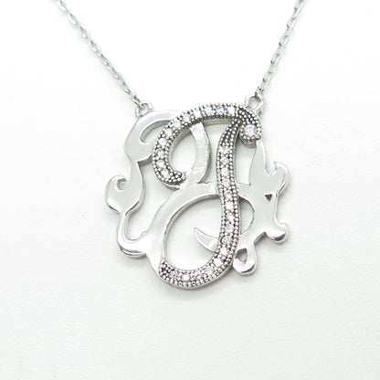 925 Sterling Silver Round-Cut C Z Letter "J" Ornate Cable Chain Necklace 16-18"