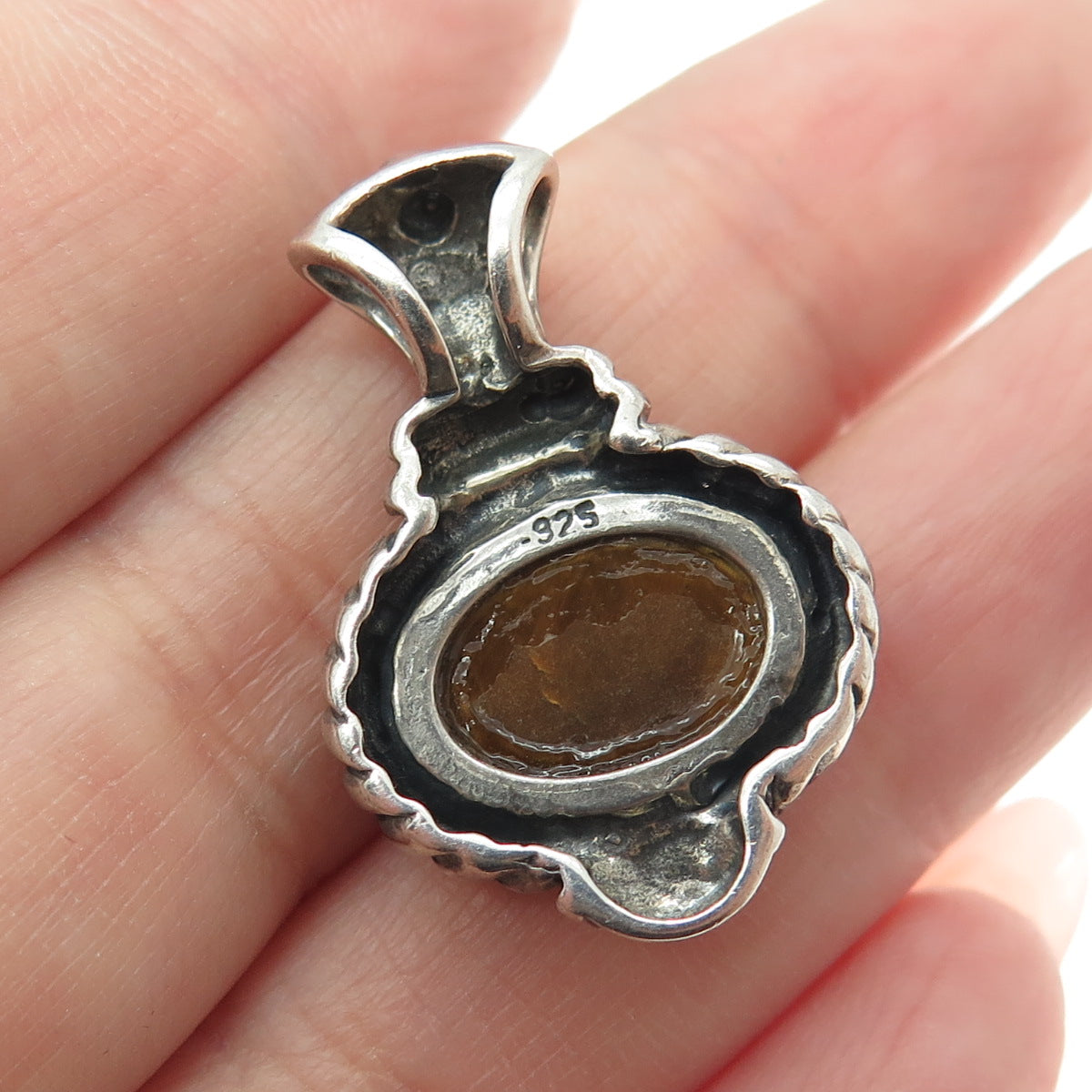 925 Sterling Silver Vintage Real Tiger Eye Gemstone Boho / Ethnic Pendant