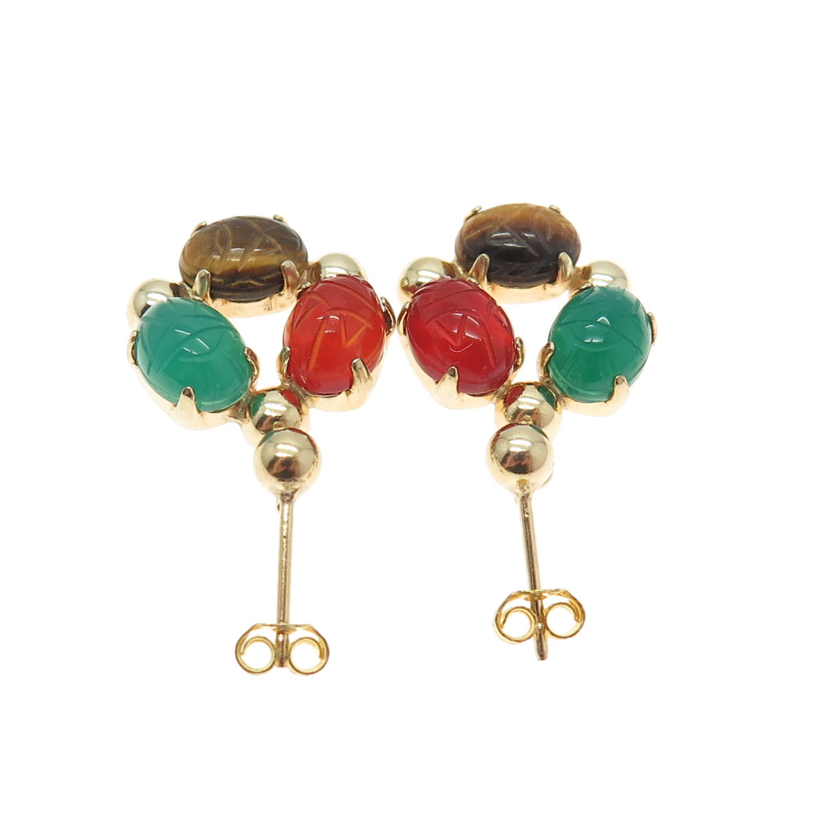 Gold Filled Vintage Real Chalcedony Tiger Eye & Carnelian Gemstone Earrings