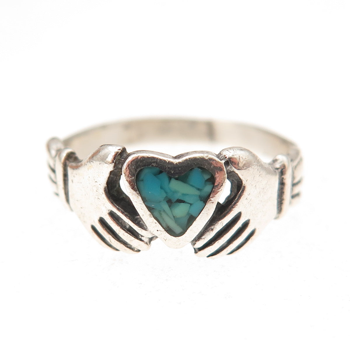Old Pawn Sterling Silver Vintage Turquoise Inlay Irish Claddagh Ring Size 5.5