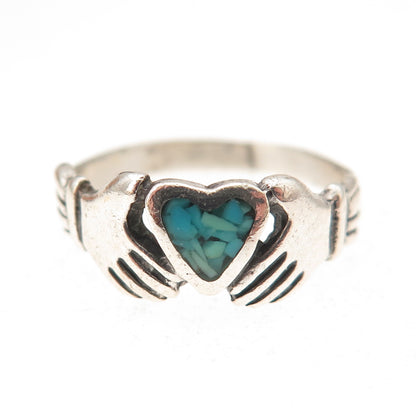 Old Pawn Sterling Silver Vintage Turquoise Inlay Irish Claddagh Ring Size 5.5
